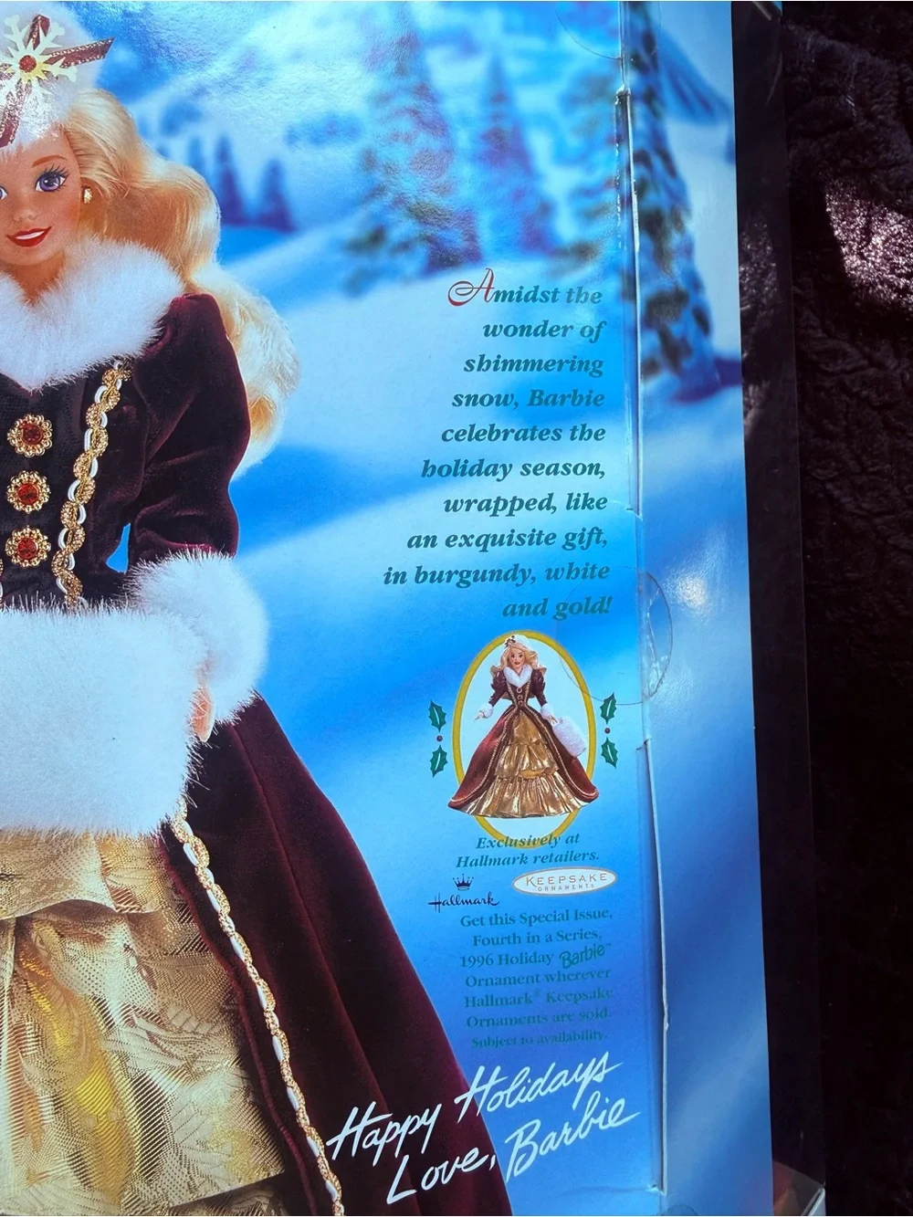 1996 Happy Holidays Barbie Burgundy, White & Gold Holiday Velvet Doll #Barbie